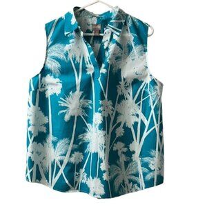 Chico's Womens Wrinkle Resistant Blue White Palm Trees Sleeveless Blouse NWOT XL